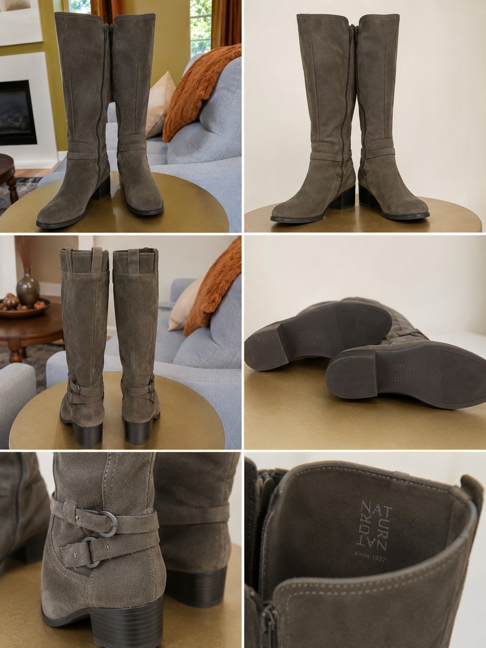 Naturalizer Olive Green Gray Suede Knee Boots with Block Heel